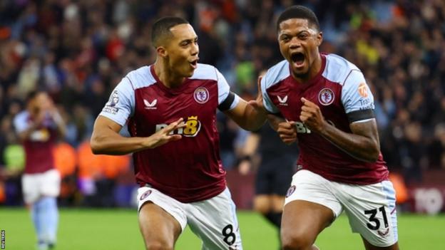 Leon Bailey celebrates scoring for Aston Villa against West Ham