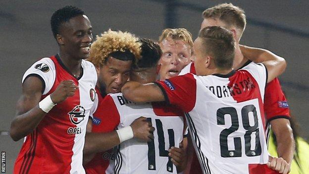 Feyenoord celebrate their goal against Manchester United