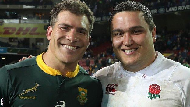 Schalk Brits and Jamie George, Saracens team-mates, meet after England play South Africa in June 2018
