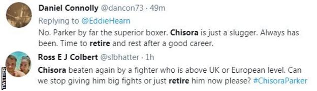 Fans on Twitter call for Chisora to retire. One fan says he was 