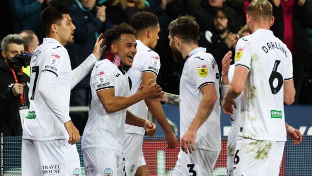 Swansea players celebrate Matty Sorinola's goal against Blackpool in midweek, when Russell Martin's side claimed a first victory in four league games