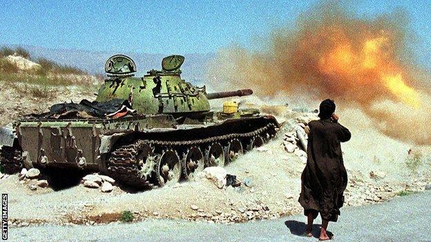 A Taliban tank takes part in a 1998 attack in the north of Kabul to clear the Salang highway, which leads to -the city of Mazar-i-Sharif