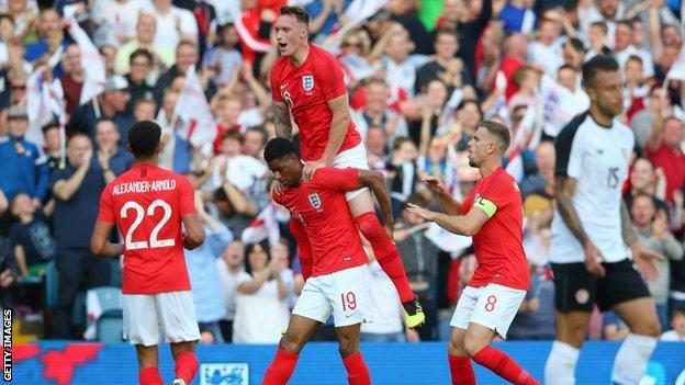 Marcus Rashford celebrates after scoring for England in a friendly against Costa Rica at Elland Road