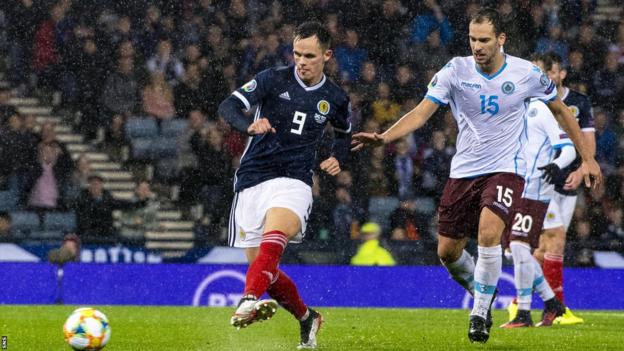 Lawrence Shankland scores for Scotland against San Marino in 2019