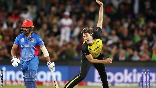 Pat Cummins bowling for Australia against Afghanistan in the T20 World Cup