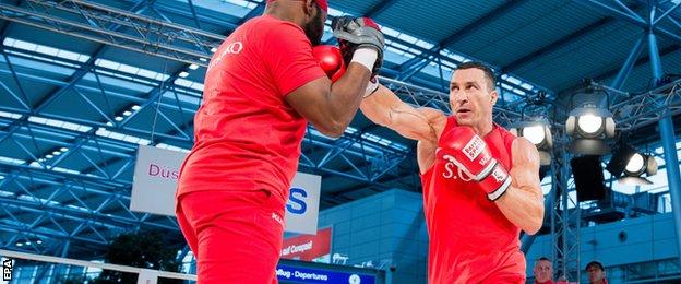 Wladimir Klitschko trains before his fight against Tyson Fury