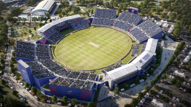 An aerial view of the Nassau County International Cricket Stadium, a temporary construction being built for the tournament