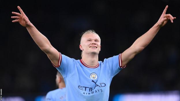 Erling Haaland of Manchester City celebrates after scoring the team's second goal, and their record breaking 35th Premier League goal of the season during the Premier League match between Manchester City and West Ham United at Etihad Stadium on May 03, 2023 in Manchester, England.