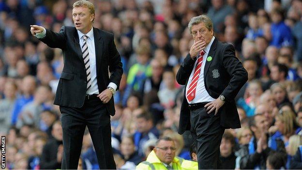 David Moyes and Roy Hodgson on the touchline for Merseyside derby, 17 October 2010