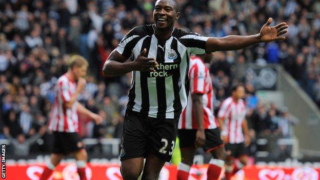 Shola Ameobi scoring against Sunderland for Newcastle