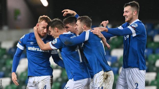 Linfield celebrate Michael Newberry's goal