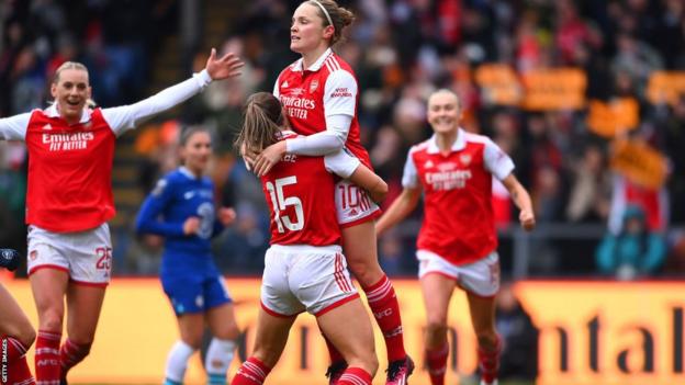 Arsenal captain Kim Little celebrates scoring her side's second goal against Chelsea