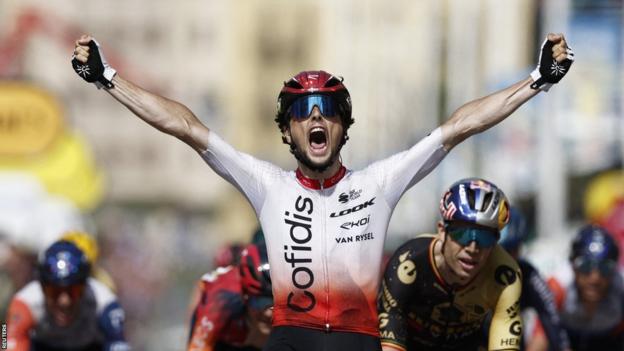 Victor Lafay celebrates after winning stage two of the Tour de France