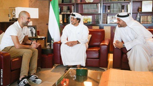 Pep Guardiola, Manchester City chairman Khaldoon al-Mubarak and owner Sheikh Mansour