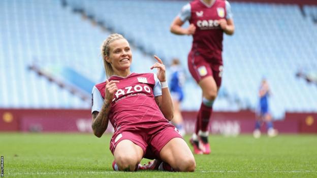 Aston Villa's Rachel Daly scores her team's third goal in the Women's Super League match against Leicester