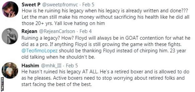 Boxing fans on Twitter don't think Mayweather is ruining his legacy, with one fan saying 