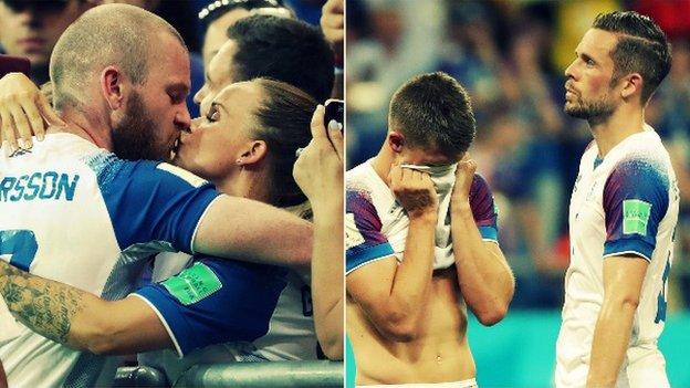 Iceland's players found their family members in the crowd afterwards but the likes of Gylfi Sigurdsson appeared dejected