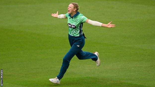Oval Invincibles spinner Sophia Smale celebrates taking a wicket