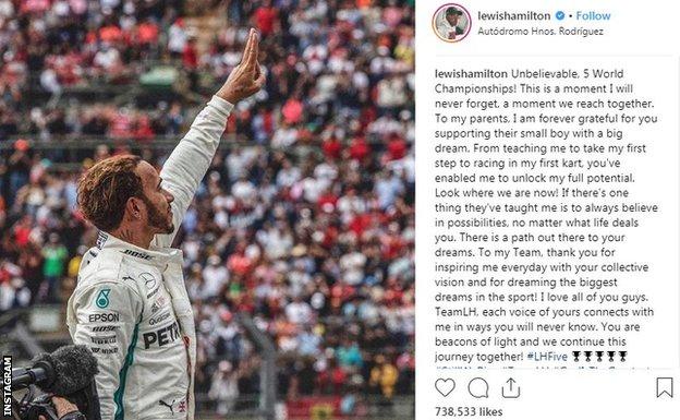 Instagram post by Lewis Hamilton after winning the 2018 F1 world championship, saying 'this is a moment I will never forget'