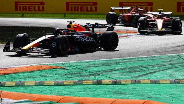 Max Verstappen leads Carlos Sainz and Charles Leclerc