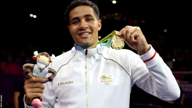 Delicious Orie with his medal after winning Commonwealth Games gold for England on home soil in Birmingham last year