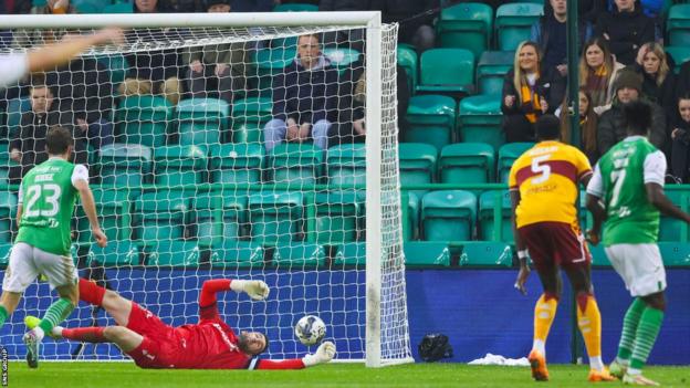 Hibernian's Elie Youan scores to make it 1-0 during a cinch Premiership match between Hibernian and Motherwell at Easter Road