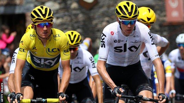 British cyclists Geraint Thomas and Chris Froome racing at the 2017 Tour de Frace