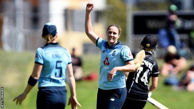 The English all-rounder Nat Sciver celebrates a wicket against New Zealand in the second ODI