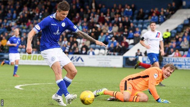 Queen of the South's Lyndon Dykes celebrates fires past Linfield's Roy Carroll