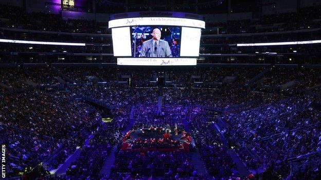 The crowd inside the Staples Center at the Kobe and Gianna Bryant memorial service