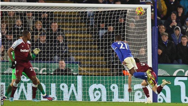 Leicester's Ricardo Pereira scores for Leicester City against West Ham in the Premier League