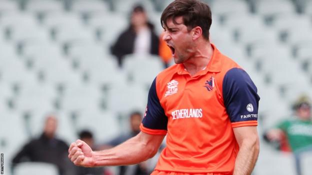 Brandon Glover celebrates taking a wicket for the Netherlands