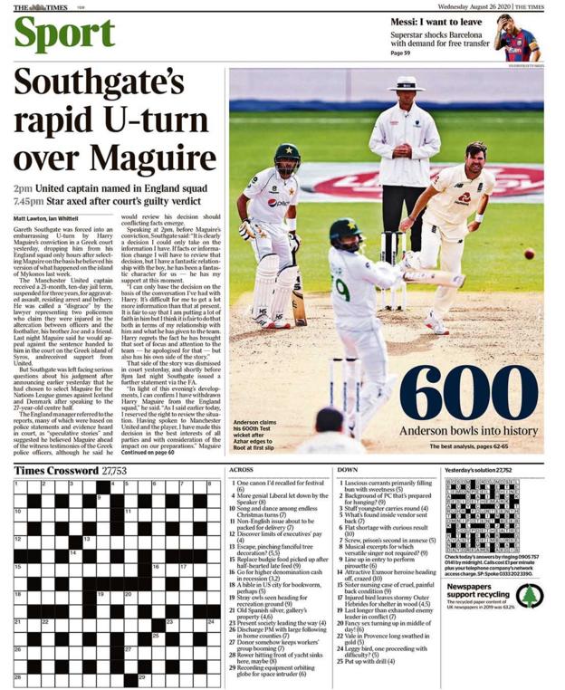 Wednesday's Times back page with the headline Southgate's rapid U-turn over Maguire