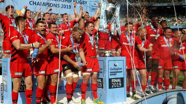 Saracens celebrate winning the Premiership in 2019