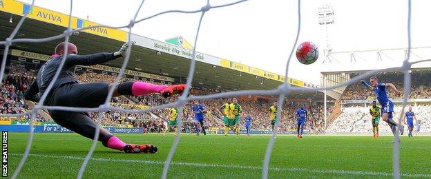 Jamie Vardy scores against Norwich