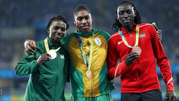 From left, The Rio 2016 Olympics Women's 800m silver medallist Francine Niyonsaba of Burundi, gold medallist Caster Semenya of South Africa, and bronze medallist Margaret Nyairera Wambui from Kenya were all born with differences of sexual development (DSD).
