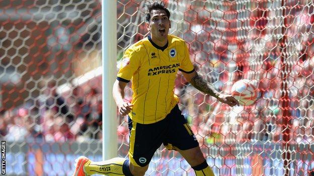 Leonardo Ulloa celebrates scoring for Brighton