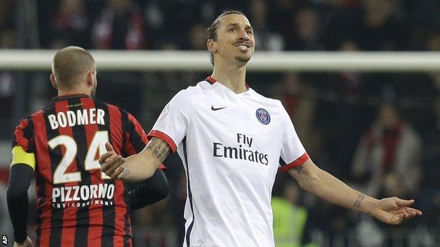 Paris St-Germain forward Zlatan Ibrahimovic celebrates scoring against Nice