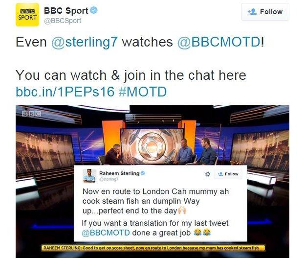 BBC Sport tweet about Raheem Sterling