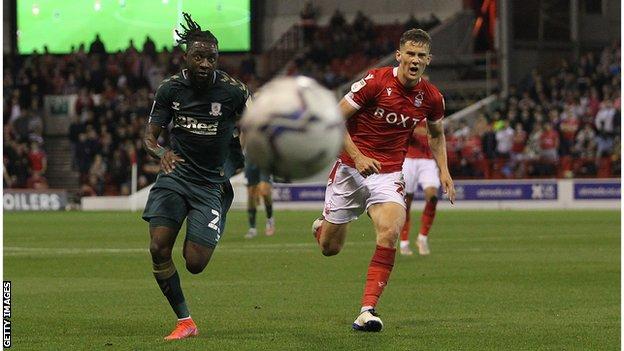 Middlesbrough's James Lea Siliki chases the ball against Nottingham Forest