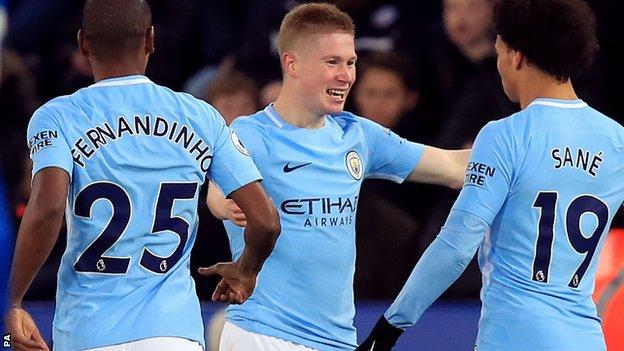 Kevin de Bruyne celebrates scoring for Manchester City against Leicester
