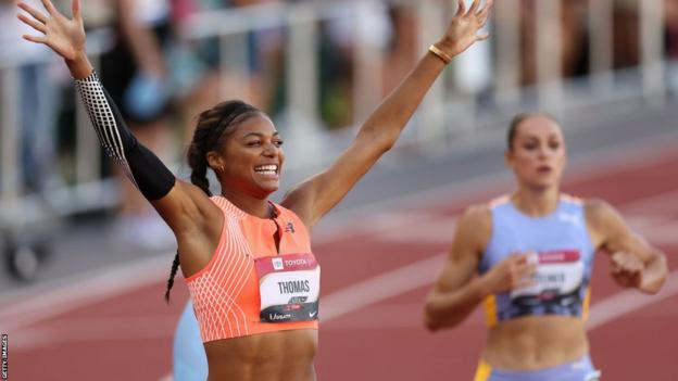 Gabby Thomas celebrates winning the 200m at the US championships