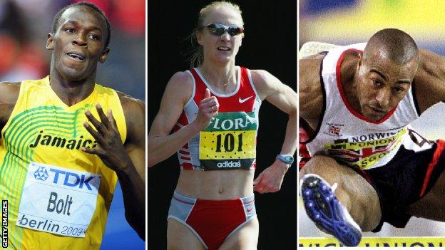 (Left to right) Usain Bolt, Paula Radcliffe, Colin Jackson