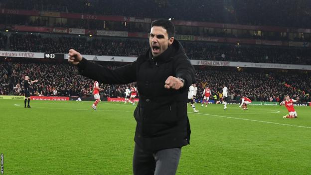 Mikel Arteta celebrates Arsenal's victory over Manchester United