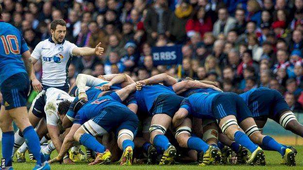 A scrum during Scotland's defeat of France in the 2016 Six Nations