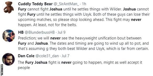 Поклонники бокса заявили в Твиттере, что это сделает Фьюри-Джошуа "Этого никогда не случится" - Болельщик сказал, что они оба могут проиграть предстоящие поединки.