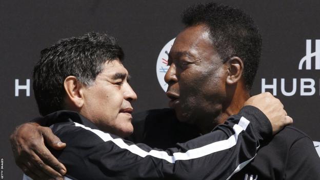 Brazil legend Pele embraces Argentina legend Maradona in 2016