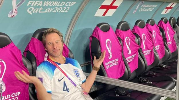 Chesney Hawkes in the England dugout after their World Cup win over Wales