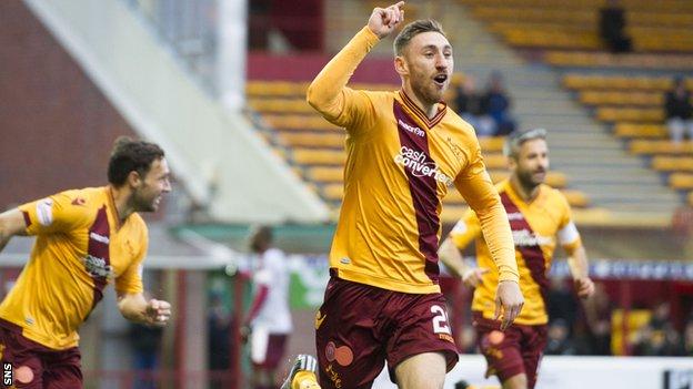 Louis Moult celebrates after scoring for Motherwell