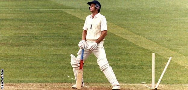 David Gower is bowled by Geoff Lawson at Lord's in 1989